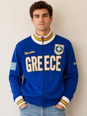 Mondetta Blue 'GREECE' Embroidered Varsity Jacket - Size L
